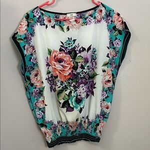 Jump Floral Border Cap-Sleeve Blouse in Teal, Purple, Coral